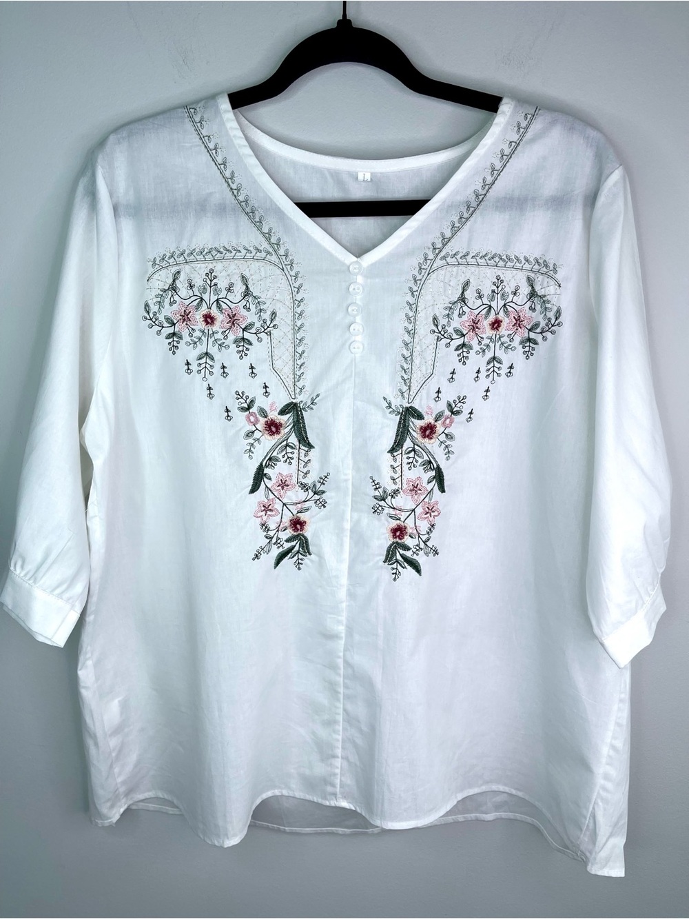 White Embroidered V-Neck Women's Blouse with Pink Floral Accents 100%Cotton